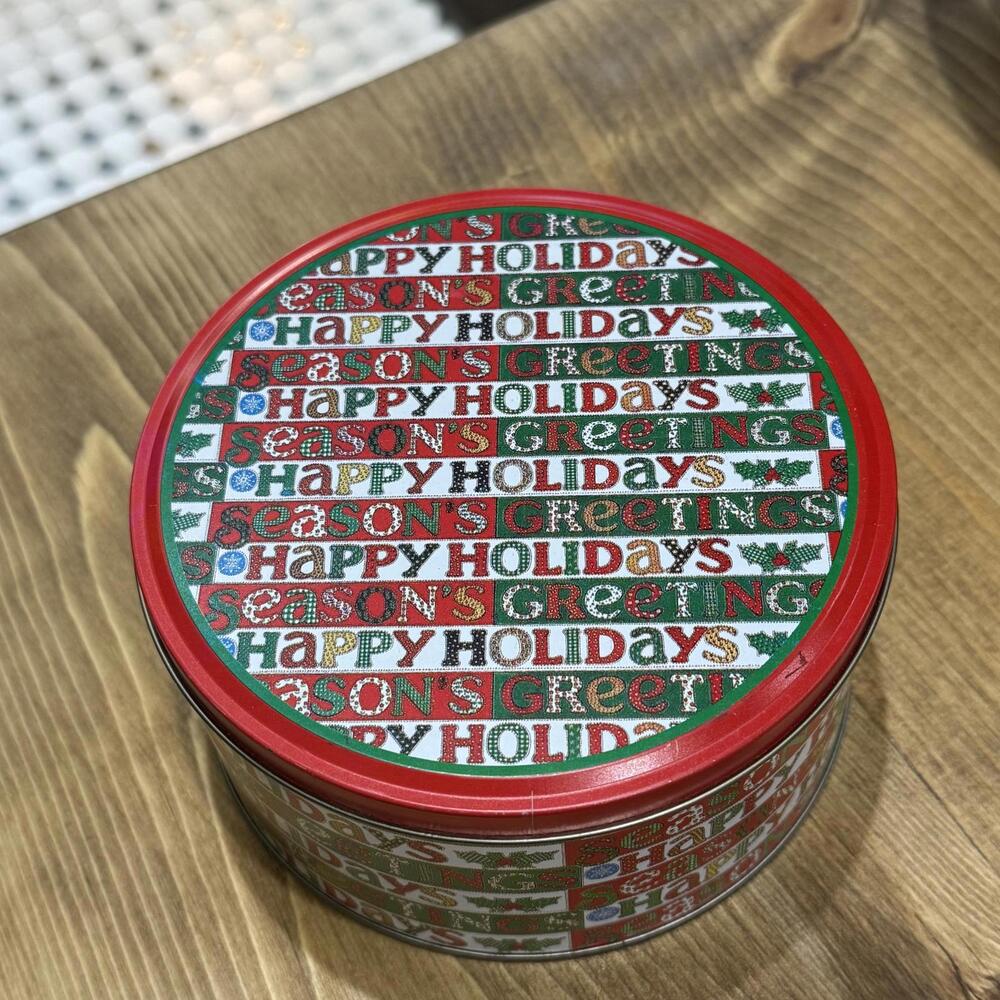 Vintage Holiday Cookie Candy Tin Box Circle Red Green Collectible‎ Christmas